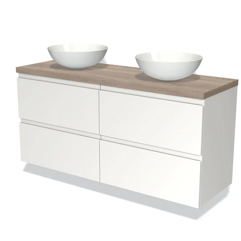 Professioneel Modulo Plato Badkamermeubel voor waskom | 140 cm Mat wit Greeploos front Eiken blad 4 lades