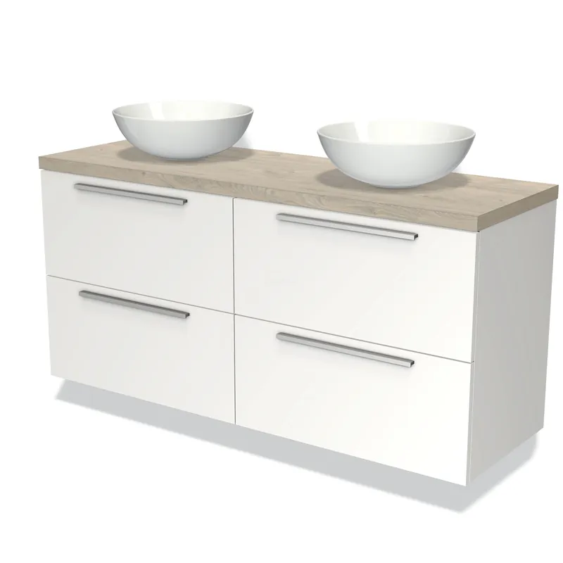 Modulo Plato Badkamermeubel voor waskom | 140 cm Mat wit Vlak front Lichtgrijs eiken blad 4 lades Op = Op