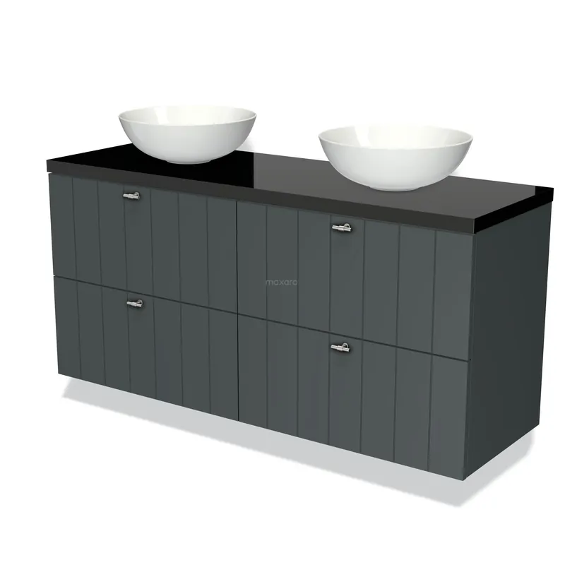 Limited Edition Modulo Plato Badkamermeubel voor waskom | 140 cm Donkergrijs Lamel front Hoogglans zwart blad 4 lades