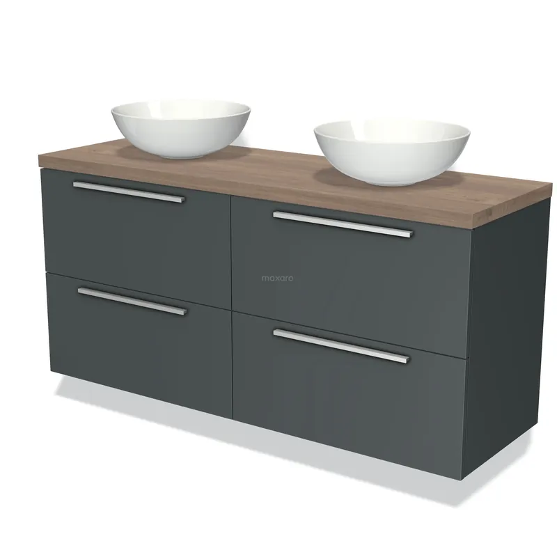 Wereldwijde Verzending Modulo Plato Badkamermeubel voor waskom | 140 cm Donkergrijs Vlak front Middenbruin eiken blad 4 lades