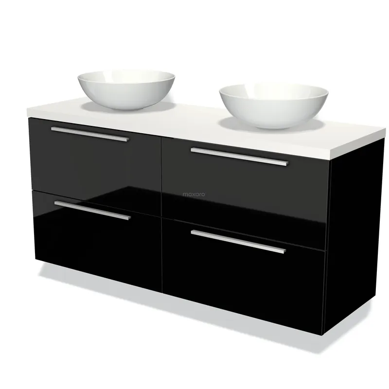 Professioneel Modulo Plato Badkamermeubel voor waskom | 140 cm Hoogglans zwart Vlak front Mat wit blad 4 lades