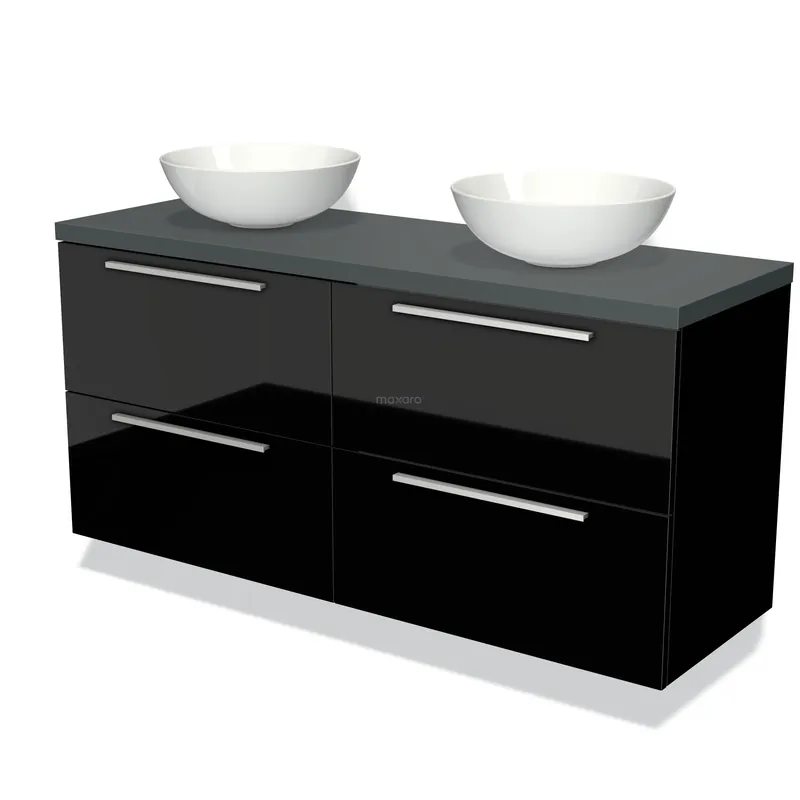 Topkwaliteit Modulo Plato Badkamermeubel voor waskom | 140 cm Hoogglans zwart Vlak front Donkergrijs blad 4 lades