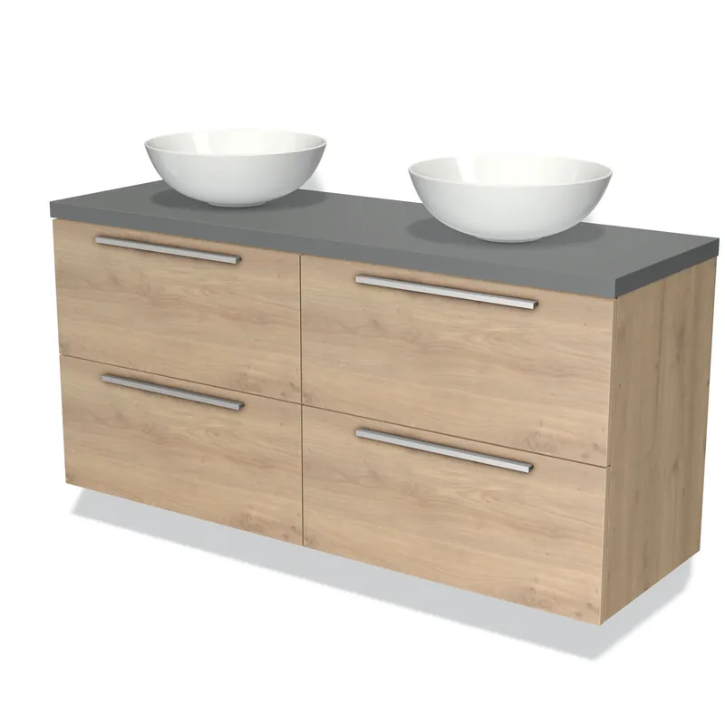 Modulo Plato Badkamermeubel voor waskom | 140 cm Lichtbruin eiken Vlak front Middengrijs blad 4 lades Meest Verkocht