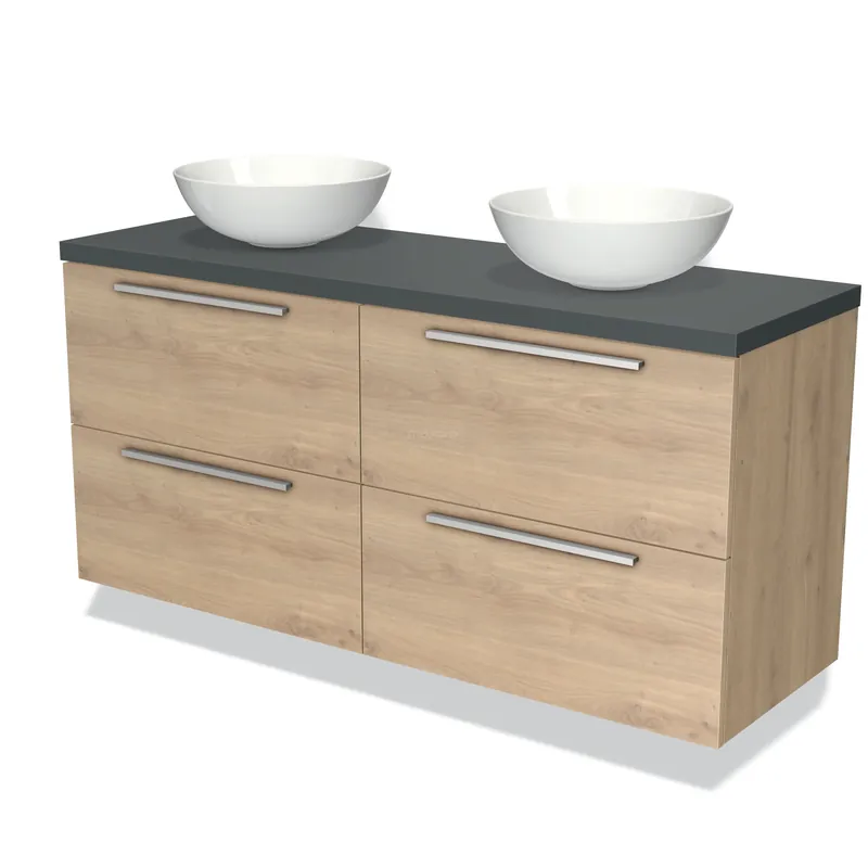 Weekendaanbieding Modulo Plato Badkamermeubel voor waskom | 140 cm Lichtbruin eiken Vlak front Donkergrijs blad 4 lades
