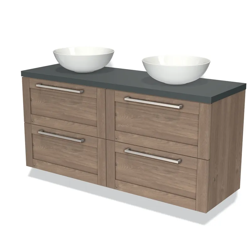 Modulo Plato Badkamermeubel voor waskom | 140 cm Middenbruin eiken Kader front Donkergrijs blad 4 lades Must-Have