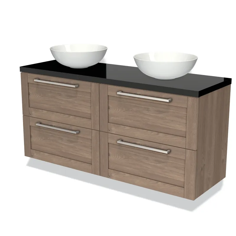 Limited Edition Modulo Plato Badkamermeubel voor waskom | 140 cm Middenbruin eiken Kader front Hoogglans zwart blad 4 lades