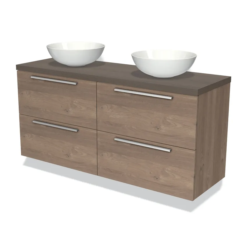 Bulkbestelling Modulo Plato Badkamermeubel voor waskom | 140 cm Middenbruin eiken Vlak front Donkerbruin eiken blad 4 lades