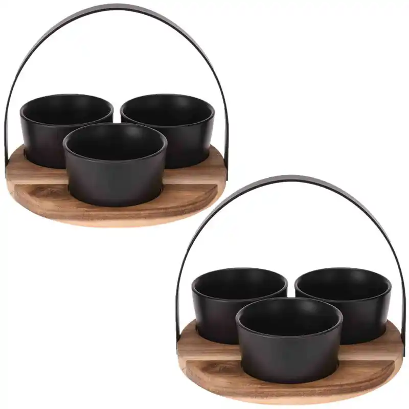 Gereduceerde Prijs 2x Ronde serveerplank met 3 schaaltjes - acaciahout - aardewerk - 22 cm - Serveerplanken