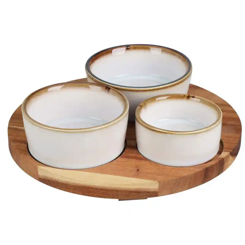 Excellent Houseware Serveerplank - acacia - D20 cm - 3x schaaltjes - Serveerplanken Luxe