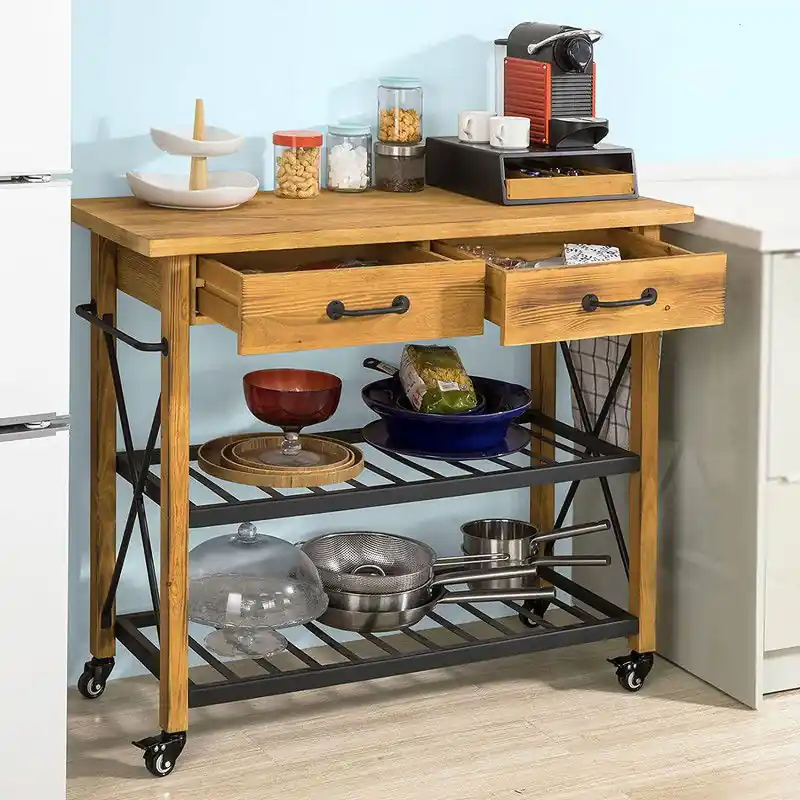 Keukentrolley - Serveerwagen - 2 lades - 2 schappen - Hout - 80x90x40 cm Laatste Versie