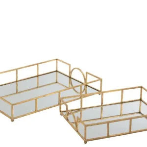 Uitverkoop D- J-line - Set Van 2 Plateau Rechthoekig Spiegel Ijzer Goud - 50x35x10cm