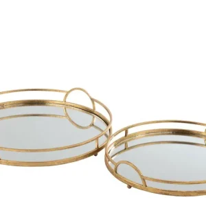 Nieuwe Collectie D- J-line - Set Van 2 Plateau Rond Spiegel Ijzer Goud - 46x46x5.5cm
