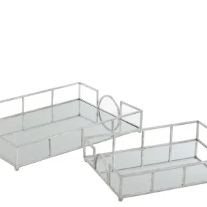 Modern D- J-line - Set Van 2 Plateau Rechthoekig Spiegel Ijzer Zilver - 50x35x10cm
