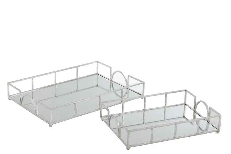 Modern D- J-line - Set Van 2 Plateau Rechthoekig Spiegel Ijzer Zilver - 50x35x10cm