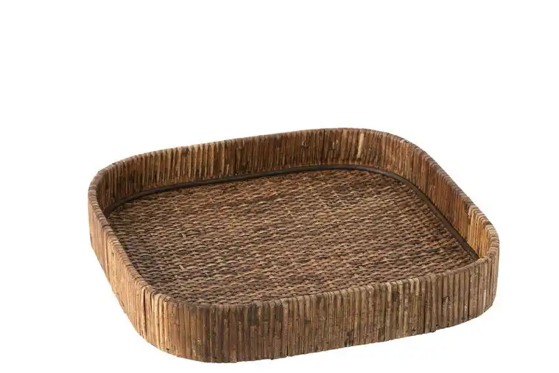 Bestel Nu D- J-line - Plateau Vierkant Rond Hoeken Rotan Bruin - 34x33x5cm