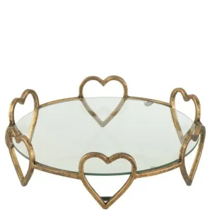 D- J-line - Presenteerblad 6 Hartjes Metaal/glas Goud - 36x36x11cm Luxe