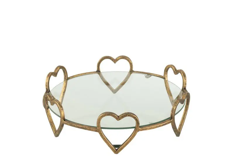 D- J-line - Presenteerblad 6 Hartjes Metaal/glas Goud - 36x36x11cm Luxe