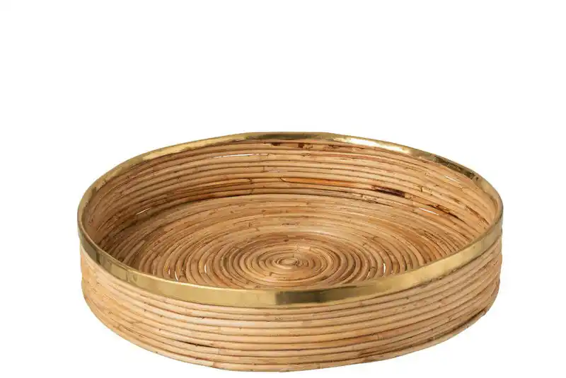 D- J-line - Plateau Xl Goud Boord Rotan Naturel - 53x53x10cm Nieuw Model