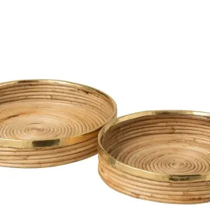 Gecertificeerd D- J-line - Set Van 2 Plateau Goud Boord Rotan Naturel - 35x35x8cm