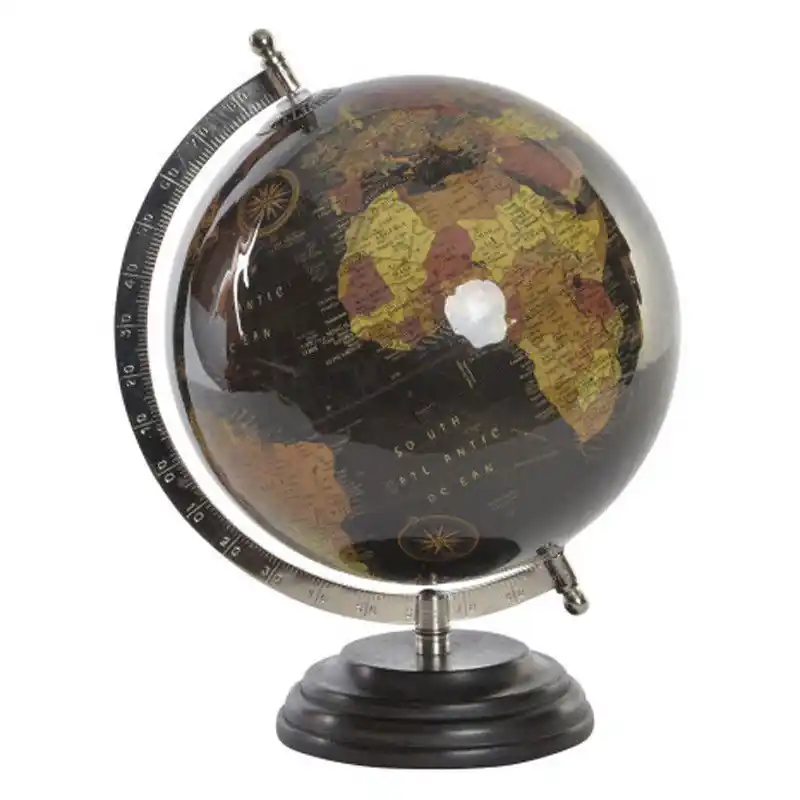 Items Deco Wereldbol/Globe op voet - kunststof - zwart - Wereldbollen Veilige Betaling