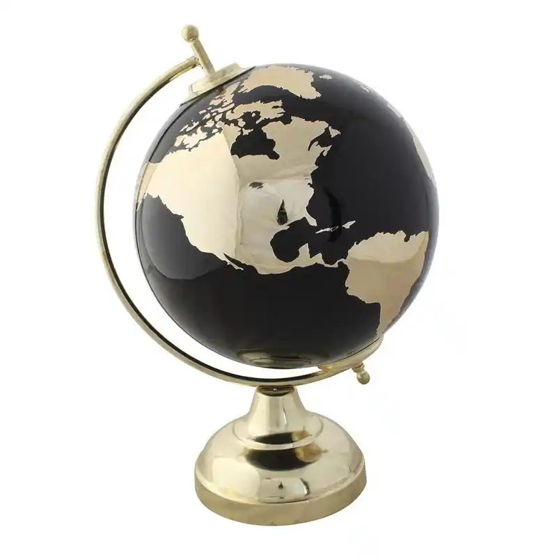 Handgemaakt Items Deco Wereldbol/globe op voet - kunststof - zwart/goud - home decoratie artikel - D20 x H30 cm - Wereldbollen