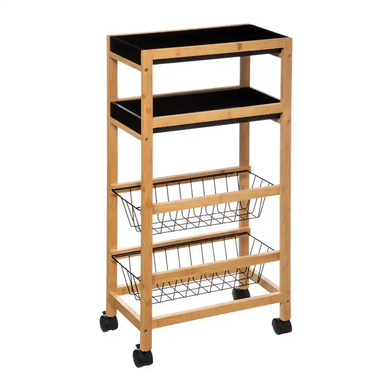 Trendy 5Five Keukentrolley - lichtbruin/zwart 4-laags - D22 x B40 x H83 cm - bamboe/kunststof - Opberg trolley