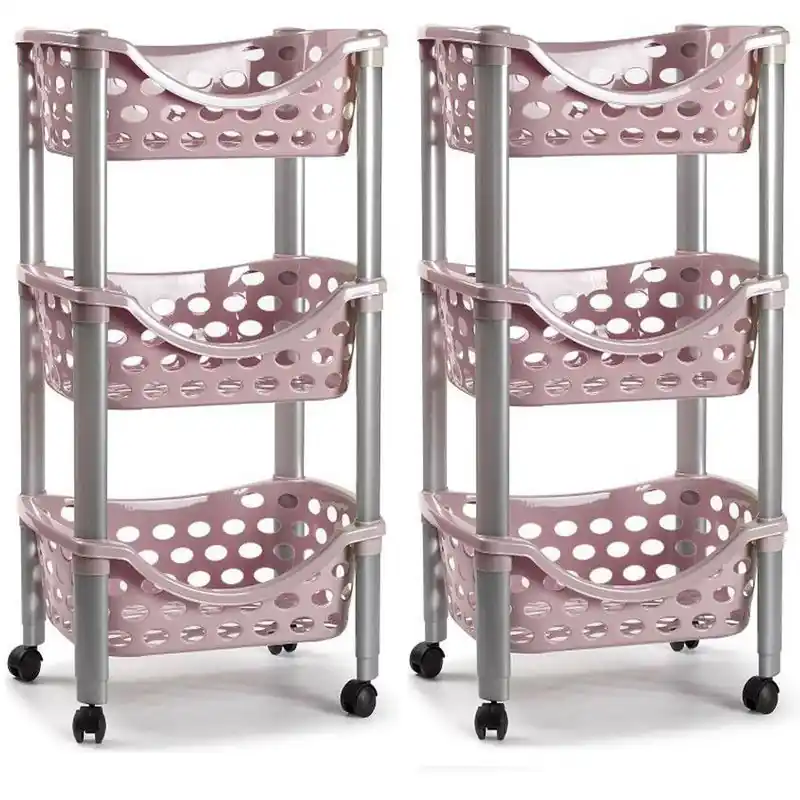 Set van 2x keukentrolley/roltafel 3 laags kunststof roze 40 x 65 cm - Opberg trolley Rechtstreeks Van De Fabrikant