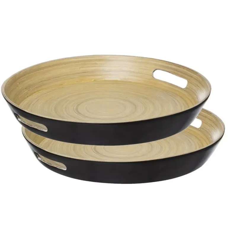 Weekendaanbieding 5Five Dienblad/serveerblad rond - 2x - D42 cm - bamboe hout - zwart - Dienbladen