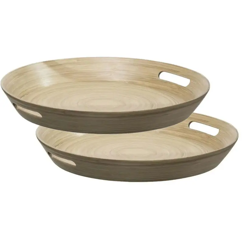 Modern 2x stuks dienbladen/serveerbladen rond D42 cm bamboe bruin met handvaten - Dienbladen