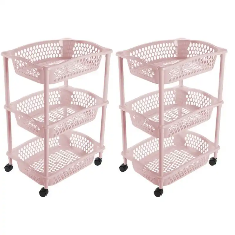 2x stuks keuken opberg trolleys/roltafels met 3 manden 62 cm lichtroze - Opberg trolley Beperkte Voorraad