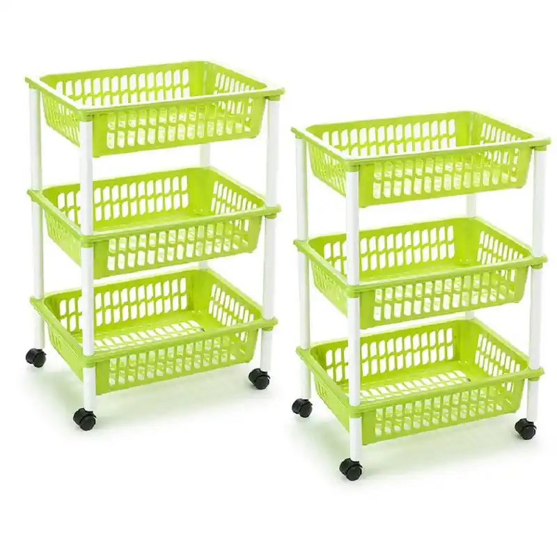 Plasticforte keukentrolley op wieltjes - 2x - 3 laags - lime groen - Opberg trolley Topkwaliteit