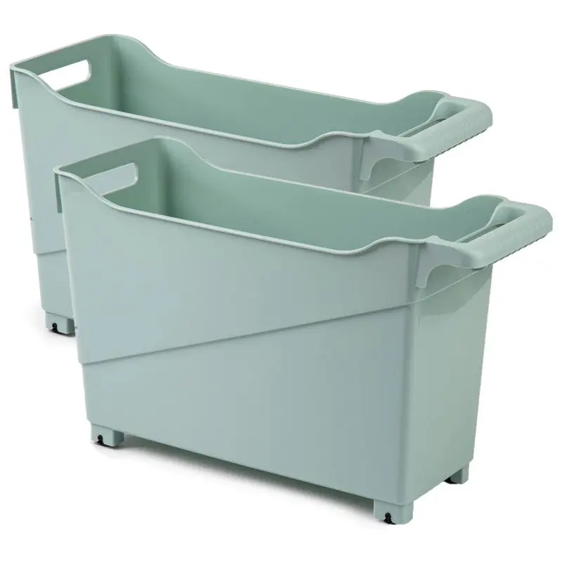 Handgemaakt Set van 6x stuks kunststof trolleys pastel groen op wieltjes L45 x B17 x H29 cm - Opberg trolley