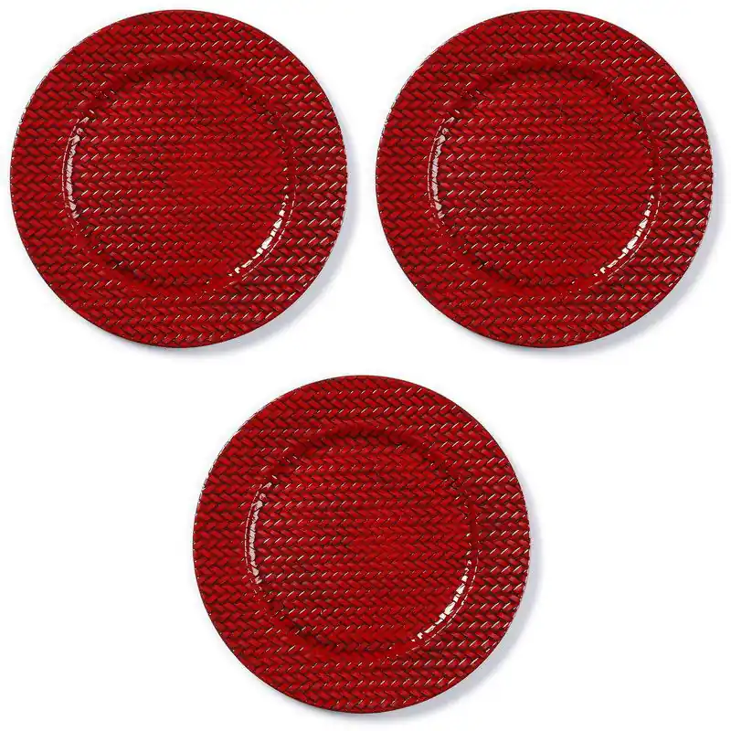 Korting 3x Ronde rode gevlochten onderzet borden/kaarsonderzetters 33 cm - Kaarsenplateaus
