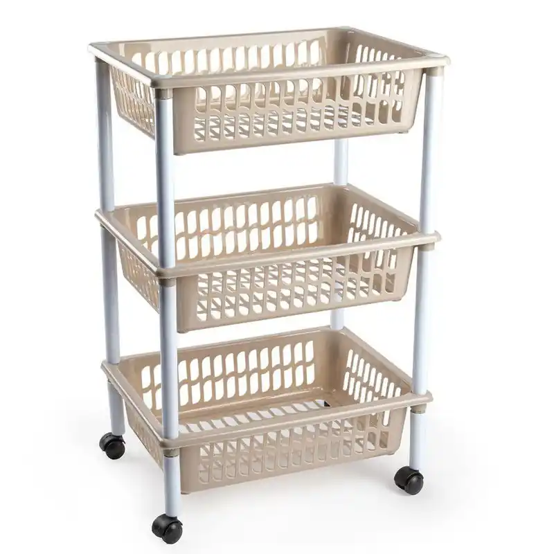 Dagaanbieding Plasticforte keukentrolley op wieltjes - 3 laags - lichtbruin - Opberg trolley
