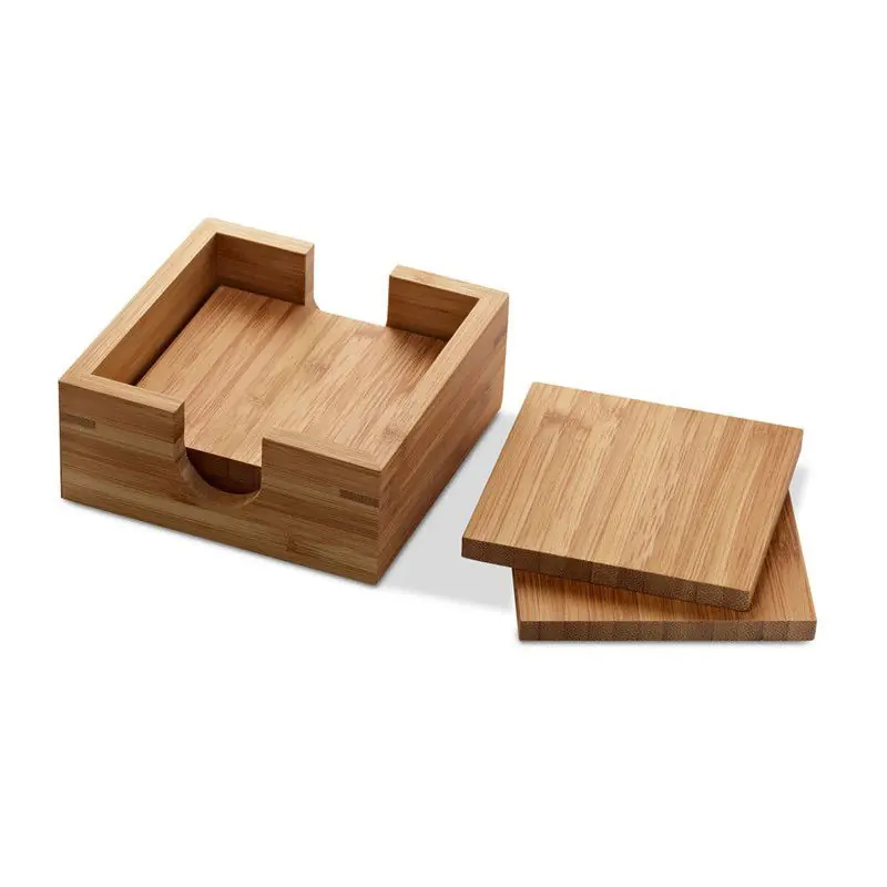 Veilige Betaling 4x Bamboe onderzetters 10 x 10 cm vierkant met houder - Glazenonderzetters