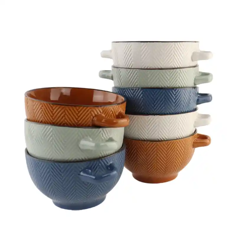 OTIX Soepkommen met Oor - Set van 8 - Soepbeker - Verschillende kleuren - Aardewerk - 600 ml - HEATHER Uitverkoop