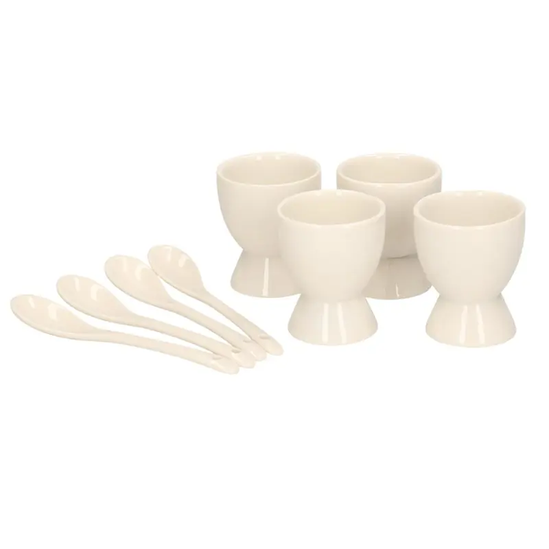 Set van 4x eierdopjes met lepel - wit - porselein - 6 cm - Eierdopjes Uitverkoop