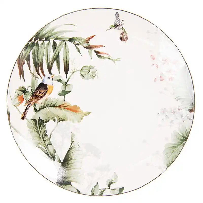 Snelle Levering Clayre & Eef Dinerbord Ø 26 cm Wit Groen Porselein Vogels