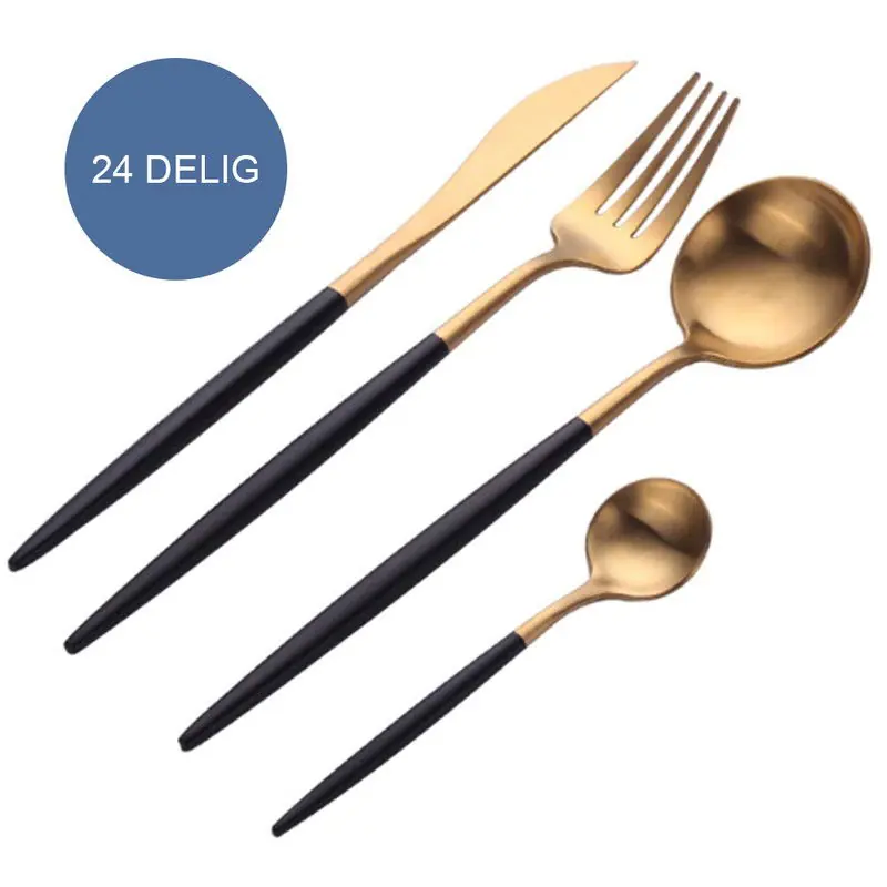 Krumble Bestekset (rond) - 24 delig - 6 persoons - Goud en zwart Nieuwe Collectie