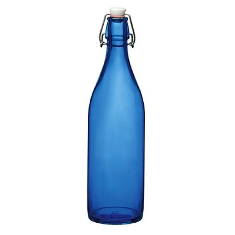 Handgemaakt Bormioli rocco waterfles beugeldop - blauw transparant - 1000 ml - Decoratieve flessen