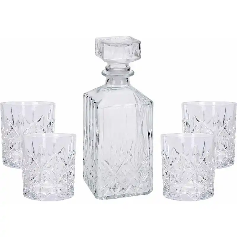 Glazen decoratie fles/karaf 900 ml met 4x glazen 230 ml voor water of likeuren - Karaffen Flitsaanbieding