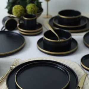 Keramika Serviesset - Mat Black/Gold Stackable - 20 delig - 4 Personen - Stoneware Alleen Vandaag