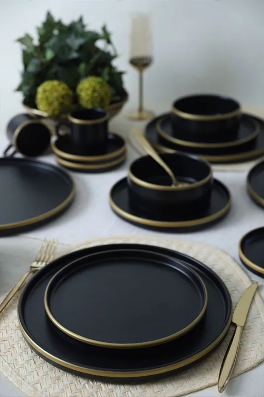 Keramika Serviesset - Mat Black/Gold Stackable - 20 delig - 4 Personen - Stoneware Alleen Vandaag