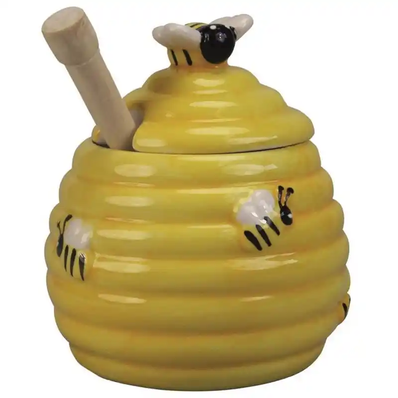 Goedkoop Honingpot met honinglepel - geel - 11 cm - keramiek - 3D bijenmotief - Serveerschalen