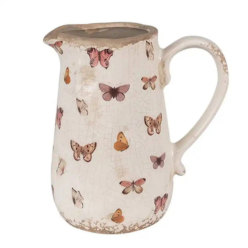 Trendy Clayre & Eef Decoratie Kan 16x12x18 cm Beige Roze Keramiek Vlinders