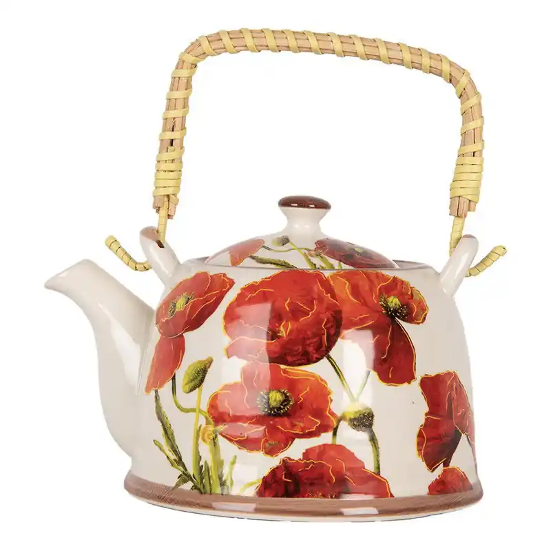 Trendy Clayre & Eef Theepot met Filter 800 ml Wit Rood Keramiek Bloemen
