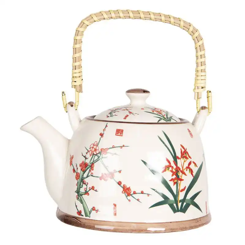 Wereldwijde Verzending Clayre & Eef Theepot met Filter 800 ml Beige Groen Porselein Bloemen