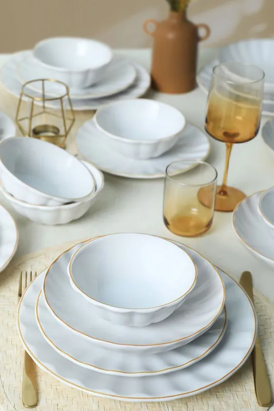 Keramika Serviesset - White/Gold Sirius - 24 delig - 6 Personen - Stoneware Gratis Retour