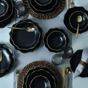 Express Levering Keramika Serviesset - Mat Black/Gold Romeo - 24 delig - 6 Personen - Stoneware