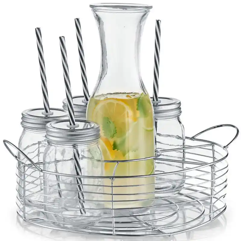 Nieuwe Collectie Schenkkan 1 liter met 6 mason jars in metalen houder 27 cm - Karaffen